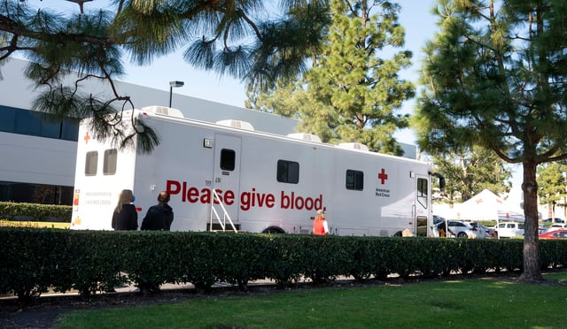 Fullerton, CA - January 20: The American Red Cross brought a bloodmobile to Adams Rite Aerospace in Fullerton, CA on Thursday, January 20, 2022. The American Red Cross and hospitals are facing a critical shortage of donated blood. They expected to collect about 25 pints of blood during the one-day event. (Photo by Paul Bersebach/MediaNews Group/Orange County Register via Getty Images)