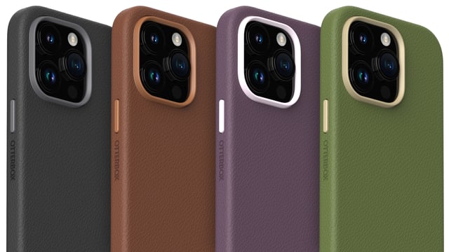 The four color options of Otterbox's Symmetry Series Cactus Leather iPhone 15 cases.