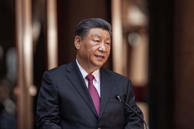 Xi Jinping delivers a speech in South Africa on August 22, 2023.