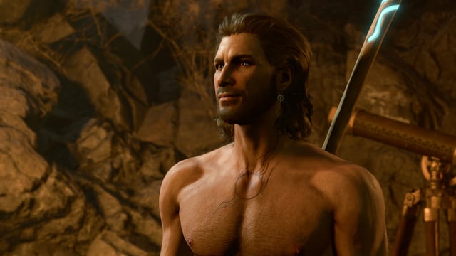 Gale, without a shirt, smirking
