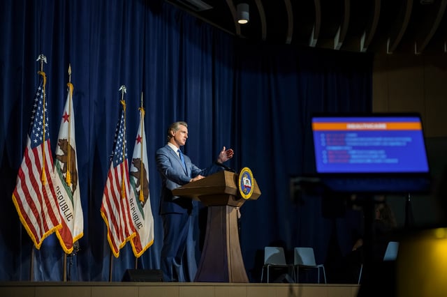 Gov. Gavin Newsom unveils his revised budget proposal for 2023-24 during a press briefing at the state Natural Resources Agency in Sacramento on May 12, 2023. Photo by Rahul Lal, CalMatters
