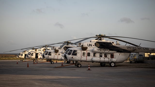United Nations helicopters are berthed at Aden Adde International Airport on September 3, 2022 in Mogadishu, Somalia.