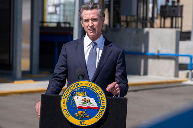 California Governor Gavin Newsom speaks to the media after a tour of a Metropolitan Water District water recycling demonstration facility in Carson on Tuesday, May 17, 2022.