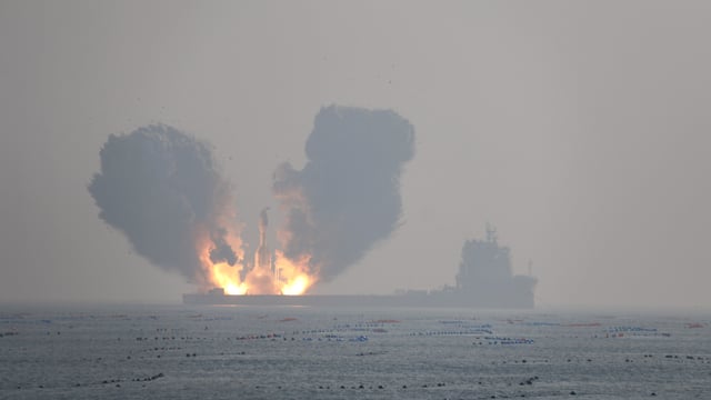 The Gravity-1 launch vehicle, the world's largest solid launch vehicle by capacity, launches from a ship in the Yellow Sea near Haiyang, in Yantai, Shandong Province, China, on Jan. 11, 2024