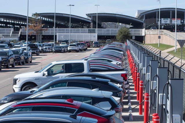 EVs account for far less of Avis’s fleet than Hertz’s. Here, an Avis Budget Group charging station at Houston Airport.