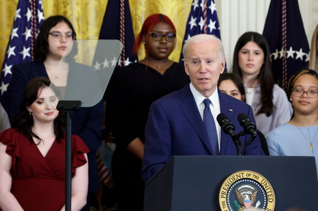 U.S. President Joe Biden speaks at a reception celebrating Women’s History Month in the East Room of the White House on March 22, 2023 in Washington, DC