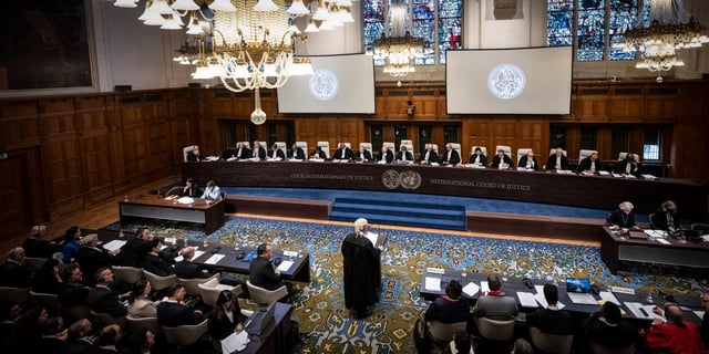 Barrister Malcolm Shaw speaks on behalf of the Israeli delegation at the International Court of Justice in The Hague, Netherlands, on Jan. 12, 2024.