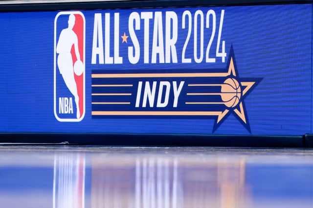 INDIANAPOLIS, INDIANA - NOVEMBER 08: A detail view of signage advertising the 2024 NBA All-Star game during the game between the Utah Jazz and the Indiana Pacers at Gainbridge Fieldhouse on November 08, 2023 in Indianapolis, Indiana.