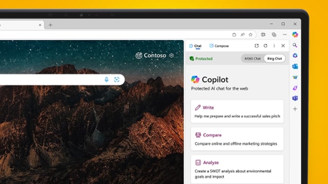 A laptop on an orange background showing Microsoft Copilot in the Edge browser