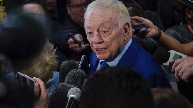 Dallas Cowboys owner Jerry Jones speaks to reporters following an NFL football game between the Cowboys and the Green Bay Packers, Sunday, Jan. 14, 2024, in Arlington, Texas. The Packers won 48-32. (AP Photo/Sam Hodde)