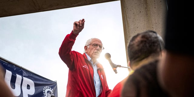 Sen. Bernie Sanders, I-Vt., speaks to members of the United Auto Workers union during a rally in Detroit, Mich., on Sept. 15, 2023.