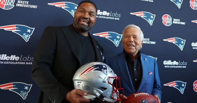 Newly appointed head coach Jerod Mayo and Owner Robert Kraft of the New England Patriots pose after a press conference at Gillette Stadium in Foxborough, Massachusetts, on Wednesday. (Maddie Meyer / Getty Images)