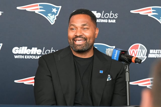 New England Patriots head coach Jerod Mayo addresses media at a press conference announcing his hiring.