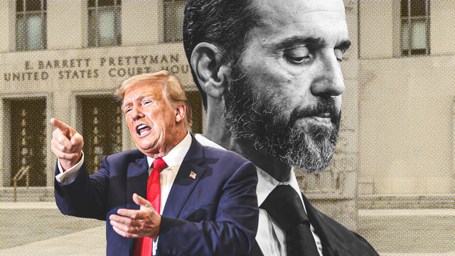 Donald Trump and Jack Smith are shown in front of the E. Barrett Prettyman fedaral court house.