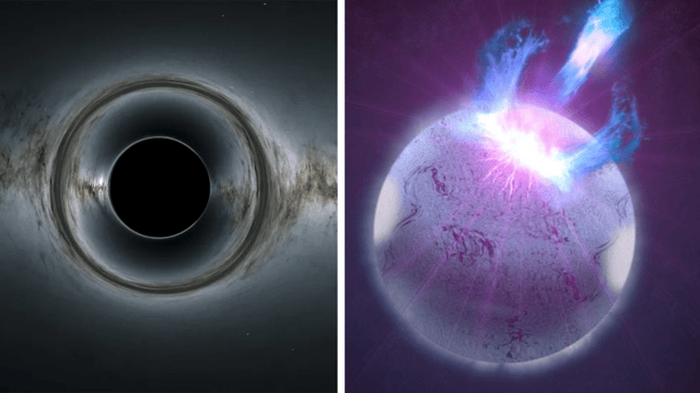 (Right) an illustraion of black hole (right) magnetic feilds erupt from the surface of a neutron star