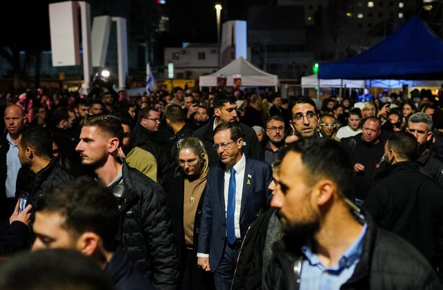 Israel’s President Isaac Herzog at a 24-hour protest in Tel Aviv on Sunday that called for the release of Israeli hostages in Gaza. Photo: Reuters