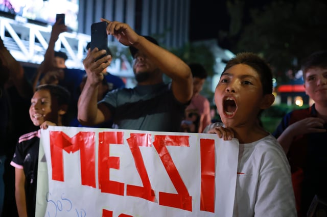 Children hold a banner with Messi's name before the arrival of the Inter Miami team at the Real Intercontinental Hotel prior to the friendly game against the El Salvador National Team on January 18, 2024 in San Salvador, El Salvador.