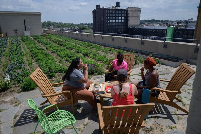 People sit around a table on a rooftop outside, with rows of crops behind them and city buildings beyond the roof.