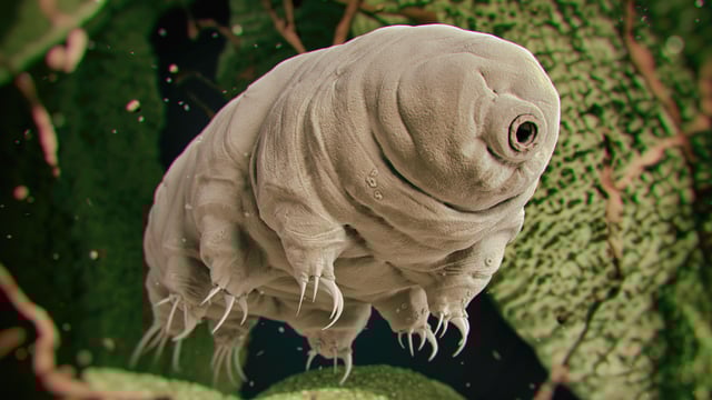 An enlarged image of a microscopic tardigrade. These invertebrates are considered close relatives of arthropods and are found in a variety of habitats around the world.