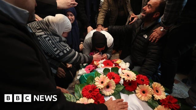 Relatives of 17-year-old American-Palestinian who was shot by Israeli forces in the West Bank during a funeral ceremony near Ramallah in the West Bank on Jan. 20, 2024.