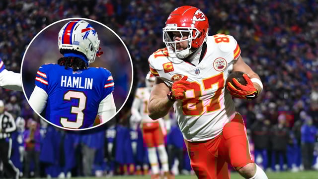 Kansas City Chiefs tight end Travis Kelce had no clue what the Bills were thinking with their late game Damar Hamlin fake punt. (© Mark Konezny-USA TODAY Sports and © Mark J. Rebilas-USA TODAY Sports)
