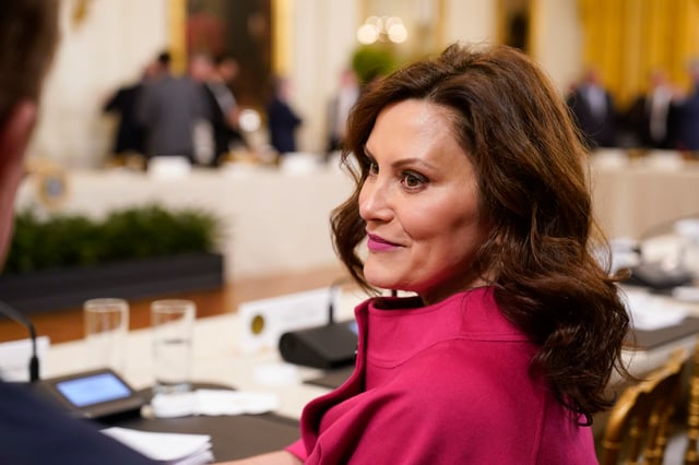 Michigan Gov. Gretchen Whitmer arrives ahead of a meeting with President Joe Biden and the National Governors Association in the East Room, Friday, Feb. 10, 2023, in Washington. | (AP Photo/Manuel Balce Ceneta)