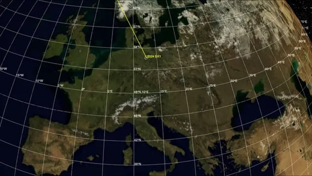 This map shows the location where the small asteroid 2024 BX1 harmlessly impacted Earth’s atmosphere over Germany, about 37 miles (60 kilometers) west of Berlin, on Jan. 21, 2024 local time.