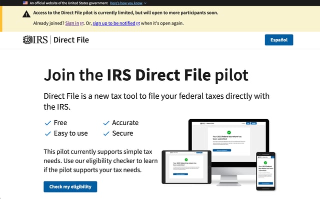 Screen shot from the new IRS Direct File option explains certain features and shows what the program will look like.