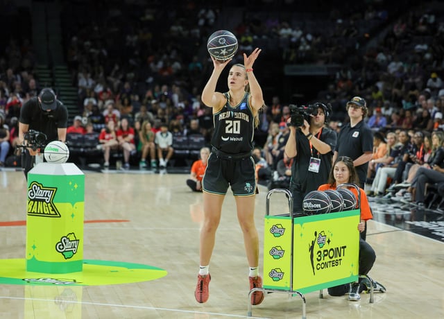 LAS VEGAS, NEVADA - JULY 14: Sabrina Ionescu #20 of the New York Liberty competes in the final round of the WNBA 3-Point Contest during WNBA All-Star Friday ahead of the 2023 WNBA All-Star Game at Michelob ULTRA Arena on July 14, 2023 in Las Vegas, Nevada. NOTE TO USER: User expressly acknowledges and agrees that, by downloading and or using this photograph, User is consenting to the terms and conditions of the Getty Images License Agreement. (Photo by Ethan Miller/Getty Images)