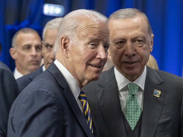 VILNIUS, LITHUANIA - JULY 12: Turkish President Recep Tayyip Erdogan (R) and US President Joe Biden (L) attend the second day session of NATO Heads of State and Government Summit at the Lithuanian Exhibition and Congress Centre (LITEXPO) in Vilnius, Lithuania on July 12, 2023. (Photo by Aytac Unal/Anadolu Agency via Getty Images)