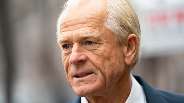 Peter Navarro speaks to reporters as he arrives at the E. Barrett Pettyman United States Court House in Washington, D.C., to be sentenced for contempt of Congress on Thursday, January 25, 2024.