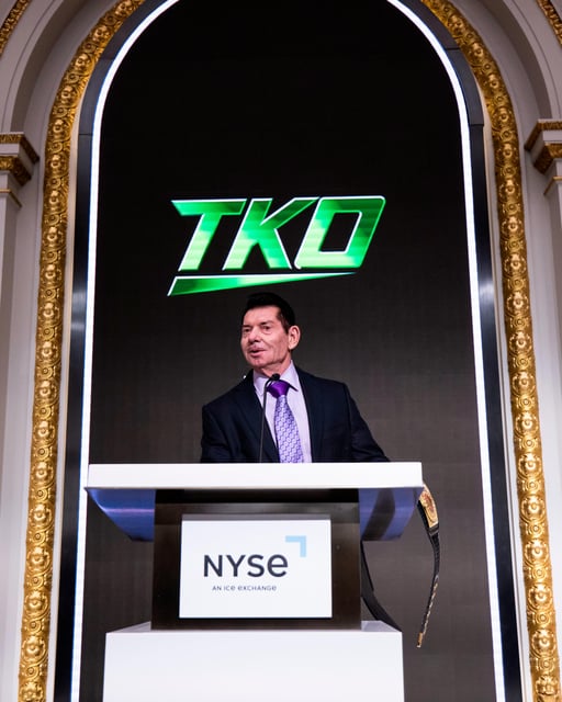 TKO Executive Chairman of the Board Vince McMahon is seen during a ceremony announcing Dwayne "The Rock" Johnson has joined the Board of Directors for TKO at New York Stock Exchange on January 23, 2024 in New York City.