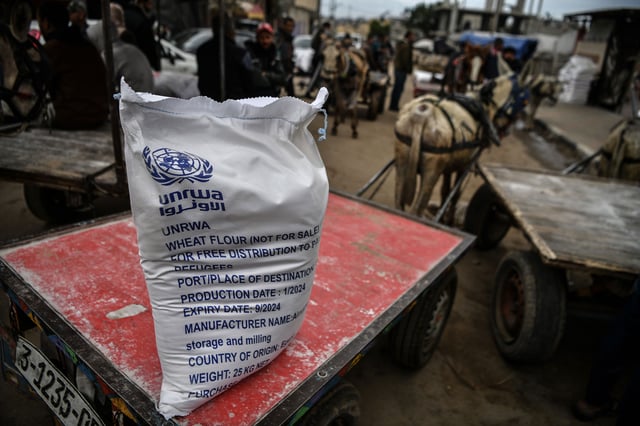 A bag of flour at the area where the United Nations Relief and Works Agency for Palestine Refugees (UNRWA) distributes flour to families as Israeli attacks continue in Rafah, Gaza on January 28.