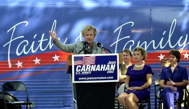 Sen. Jean Carnahan, D. Mo., gestures while addressing supporters during a sendoff rally in St. Louis, Monday, Aug. 12, 2002. Carnahan pledged to fight for working families and corporate accountability Monday as she launched a four-day, 1,500-mile bus tour around Missouri. (AP Photo/James A. Finley)