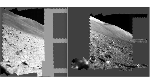two side-by-side images of the lunar surface captured by a japanese lander, showing gray dirt, small rocks and a hill in the distance