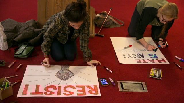 Preparation for the Women’s March in Washington in January 2017.