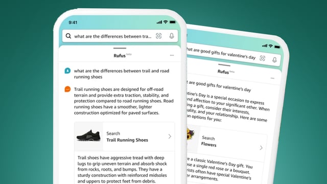 Two phones on a green background showing Amazon's Rufus AI chatbot
