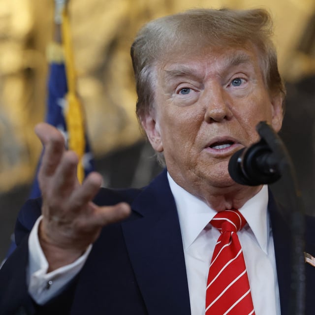 Former President Donald Trump speaks to journalists at the International Brotherhood of Teamsters headquarters on January 31, 2024 in Washington, DC. Trump’s former aide Alyssa Farah Griffin issued a warning about his campaign funds ahead of the general election scheduled for November.