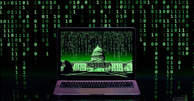 Digital photo illustration of a laptop displaying a black and green image of the Capitol building, with ones and zeroes falling in the background.