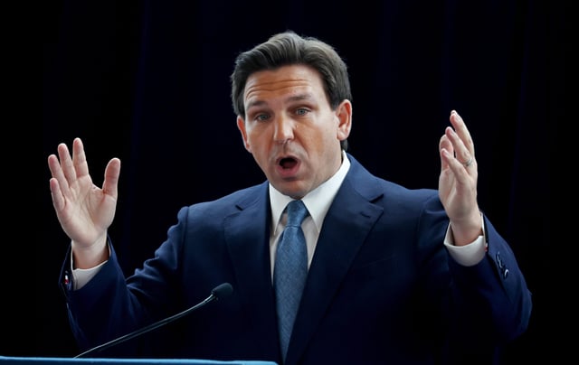 SIMI VALLEY, CALIFORNIA - MARCH 05: Florida Governor Ron DeSantis speaks about his new book ‘The Courage to Be Free’ in the Air Force One Pavilion at the Ronald Reagan Presidential Library on March 5, 2023 in Simi Valley, California. Gov. Ron DeSantis considered to be one of the GOP frontrunners in the 2024 Presidential Election. (Photo by Mario Tama/Getty Images)