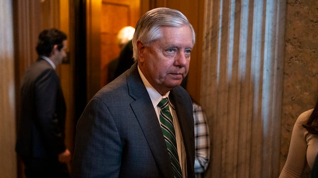 Sen. Lindsey Graham (R-S.C.) arrives for a Senate Republican Conference meeting to discuss Ukraine aid and border security bill on Wednesday, January 24, 2024.
