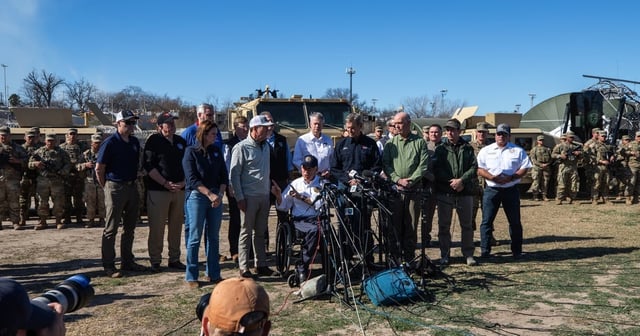 Flanked by Republican governors, Gov. Greg Abbott speaks to the press in Eagle Pass on Feb. 4, 2024.