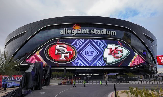 LAS VEGAS, NEVADA - FEBRUARY 01: A video board displays logos for Super Bowl LVIII at Allegiant Stadium on February 01, 2024 in Las Vegas, Nevada. The game will be played on February 11, 2024, between the Kansas City Chiefs and the San Francisco 49ers. (Photo by Ethan Miller/Getty Images)