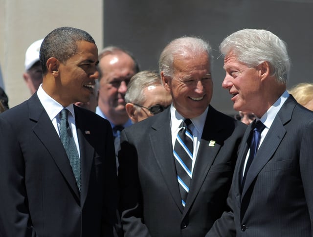Then-President Barack Obama, then-Vice President Joe Biden and former president Bill Clinton at the West Virginia State Capitol in Charleston, W.Va., on July 2, 2010.