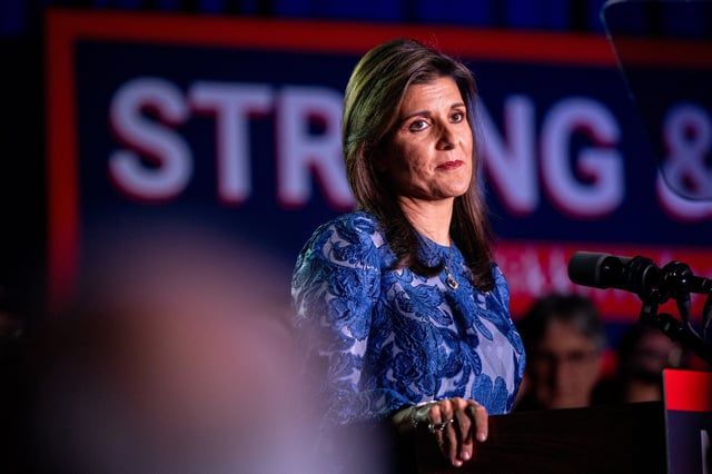 Republican presidential candidate Nikki Haley delivers remarks at her primary-night rally at the Grappone Conference Center, in Concord, N.H., on January 23, 2024.