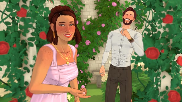 Paralives - Two characters laugh together in a garden of roses