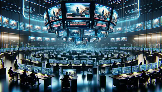 Futuristic Newsroom in Crisis: Digital Disruption Unfolds