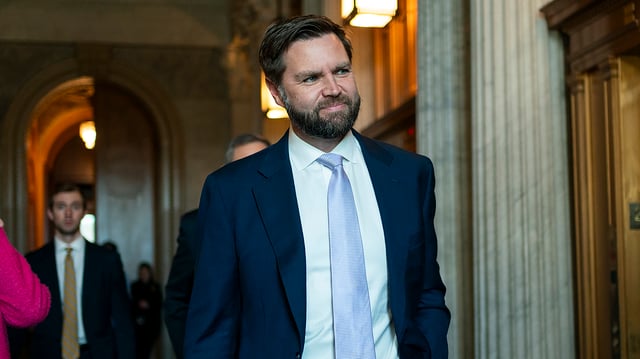 Sen. J.D. Vance (R-Ohio) arrives for a Senate Republican Conference meeting on Thursday, February 8, 2024 to discuss the way forward on a clean supplemental bill to fund Israel, the Indo-Pacific and Ukraine.