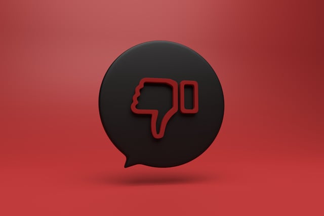 dislike symbol in round dialog box in red and black colors. 3d style illustration