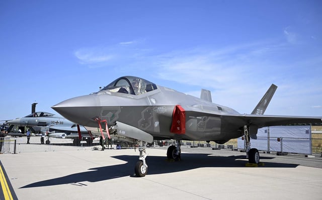 A Lockheed Martin F-35 fighting jet at the ILA Berlin Air Show on June 22, 2022. The Netherlands must stop delivering parts for F-35 fighter jets used by Israel in the Gaza Strip, after a Dutch court upheld an appeal by human rights organisations. Photo: AFP